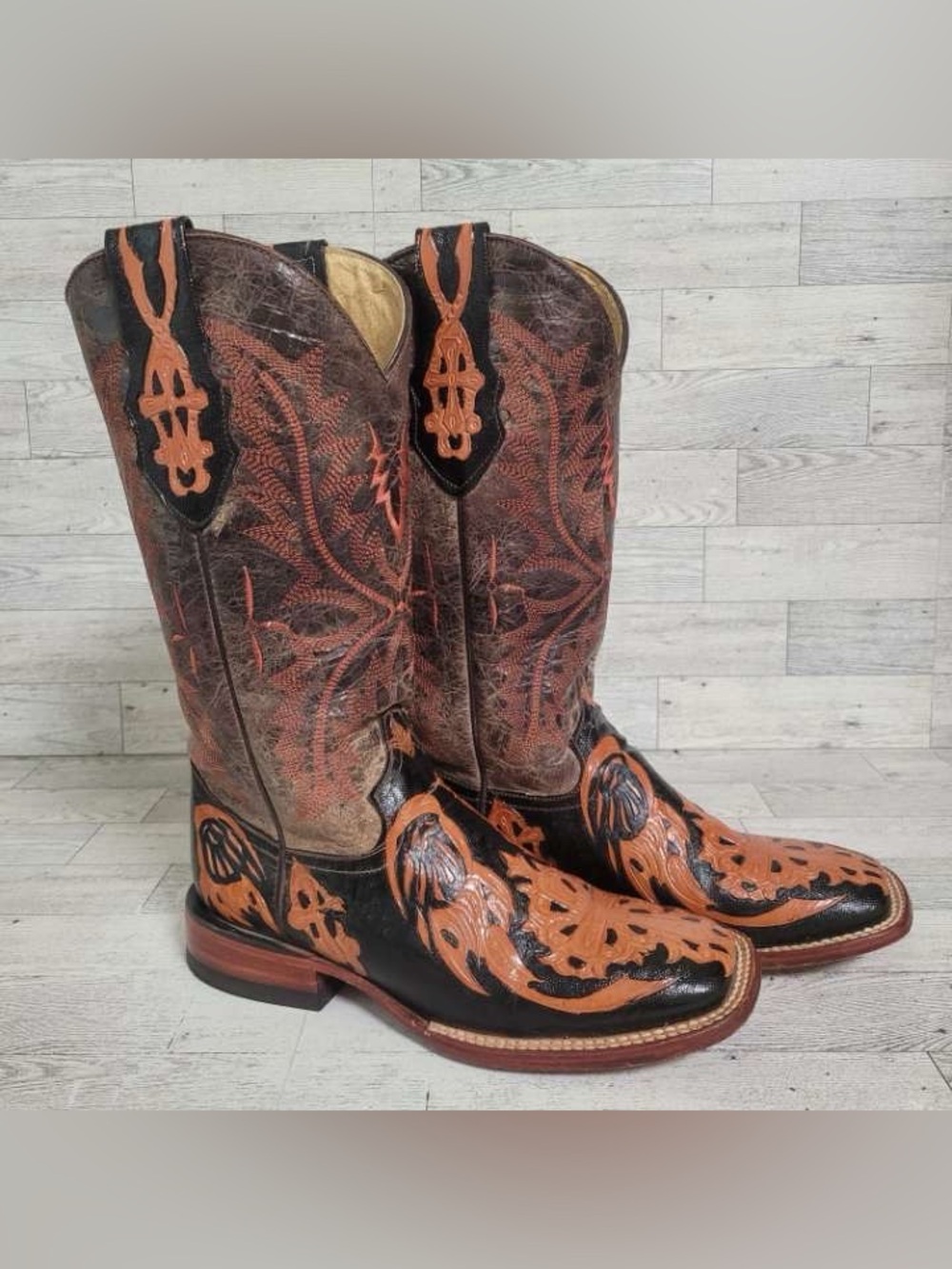 Ferrini Hand Tooled Black Orange Leather Square Toe Cowboy Boots Women’s 7.5 B